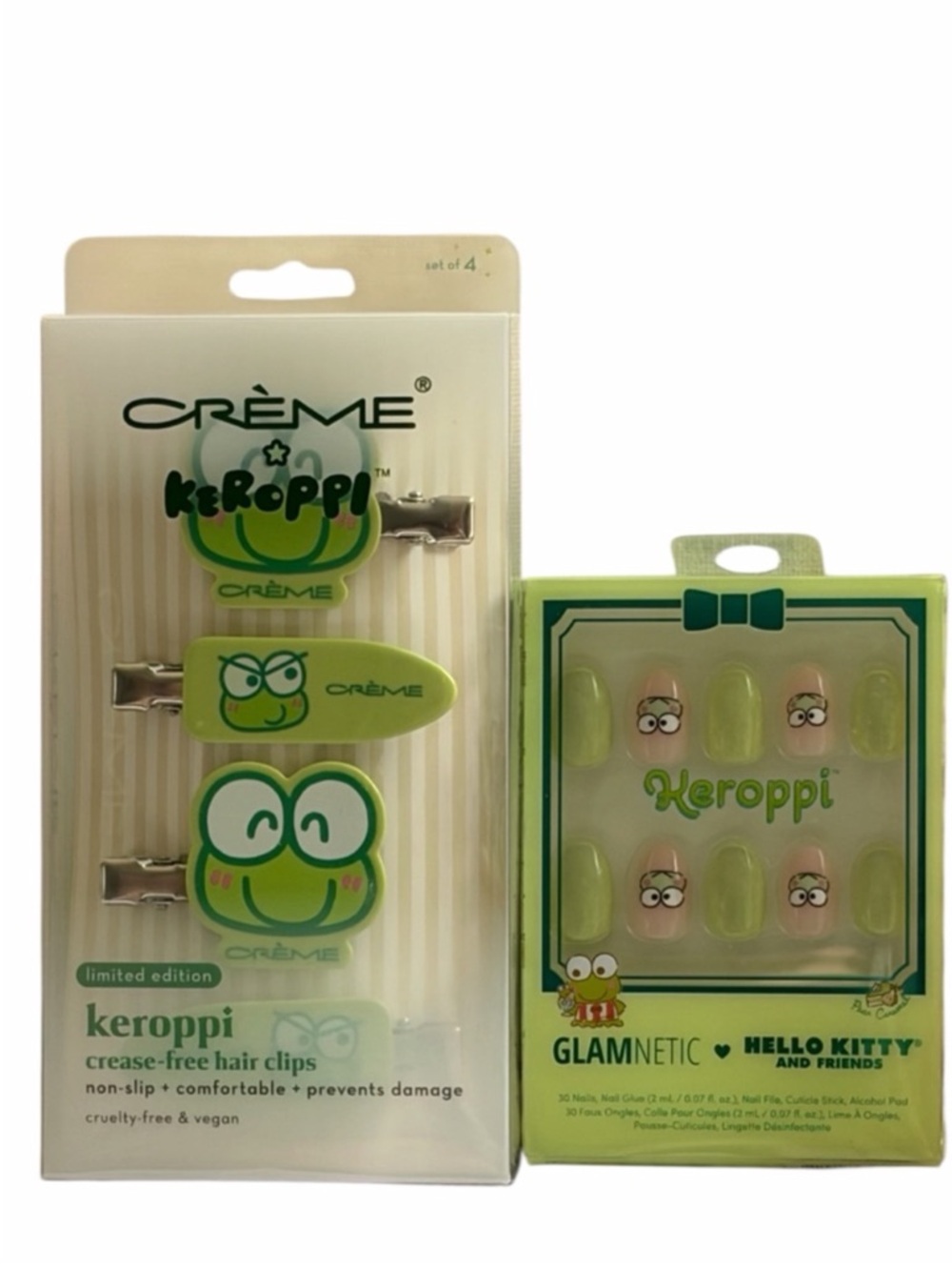 NIB Crème x Keroppi Hair Clips & Glamnetic Keroppi Press-On Nail Set